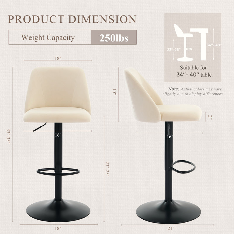 Swivel Adjustable Height Bar Stool Upholstered Counter Stool, Beige, 3
