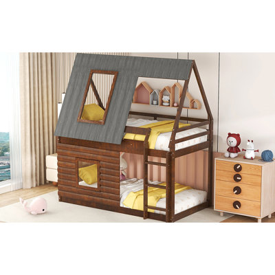 Lit superposé en bois en chêne et gris fumé - avec toit et 2 fenêtres stables pour la chambre à coucher
