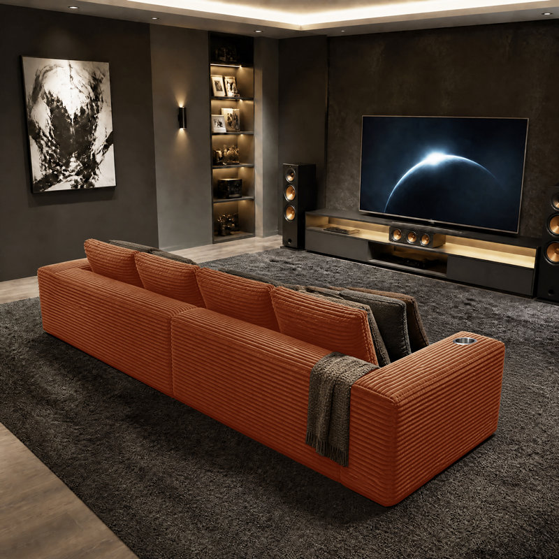 142" Modern Deep Seat Corduroy Upholstered Sofa Couch with Oversized Cushions, Orange