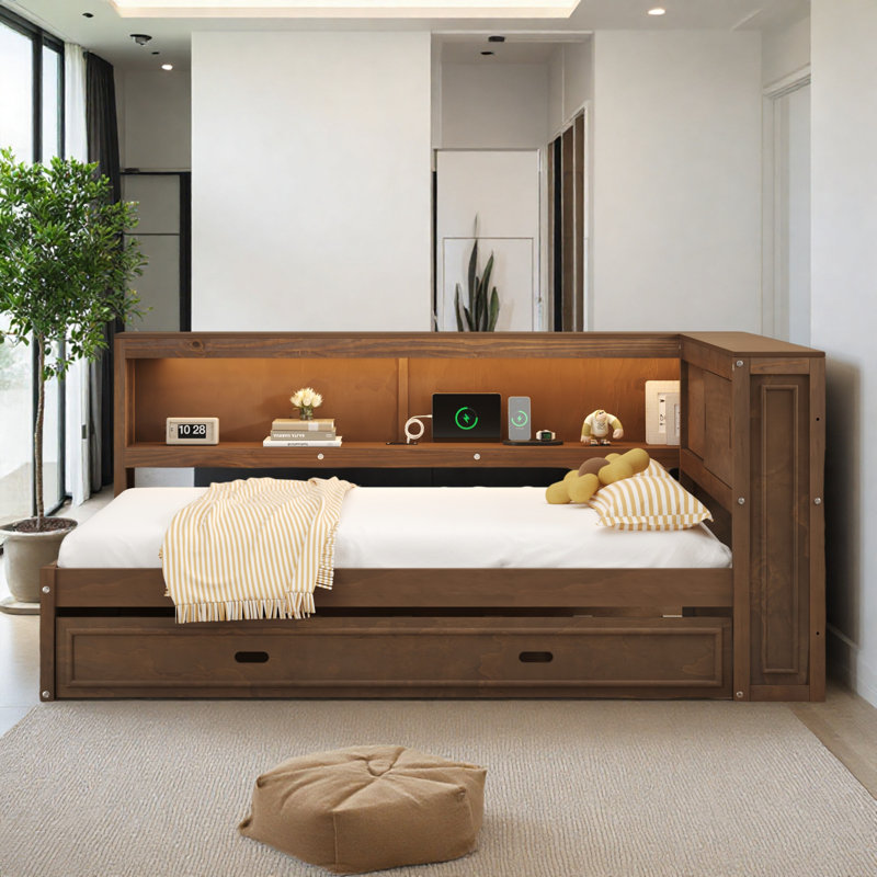 Full Size Wood Daybed With Trundle And Storage Shelves, Wood