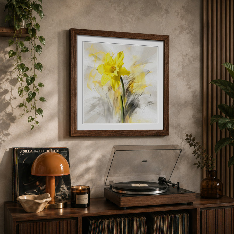 Daffodil Gestural Art - Framed Print, Walnut