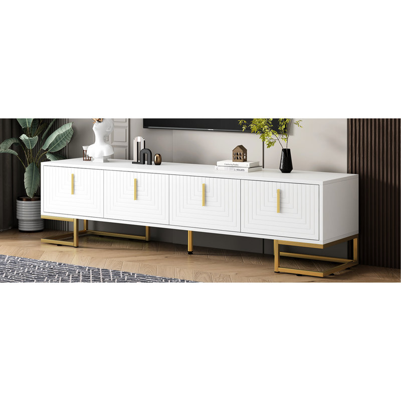 Meuble télé 80 po avec motifs géométriques et tablettes réglables, pieds en métal or blanc