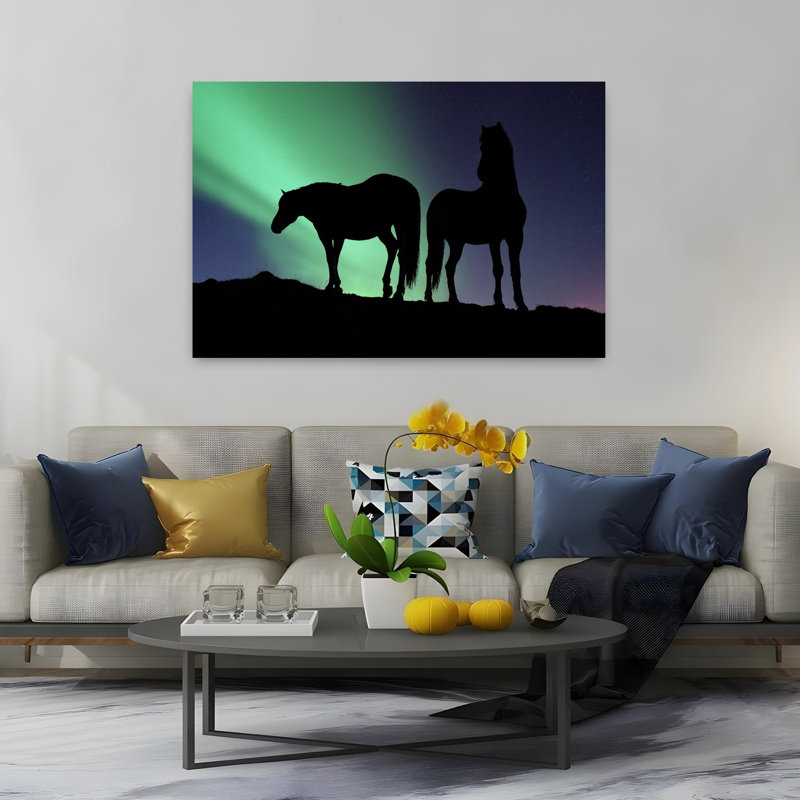 Silhouette de chevaux au crépuscule, Islande, paysage de cheval contemporain abstrait, art naturel, H 40 po x l 60 po