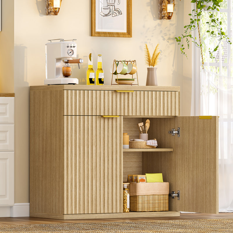 Fluted Buffet Cabinet With Storage, 31.5" Sideboard Cabinet, Coffee Bar Cabinet With 2 Doors And Adjustable Shelf For Living Room, Kitchen, Entryway, Natural