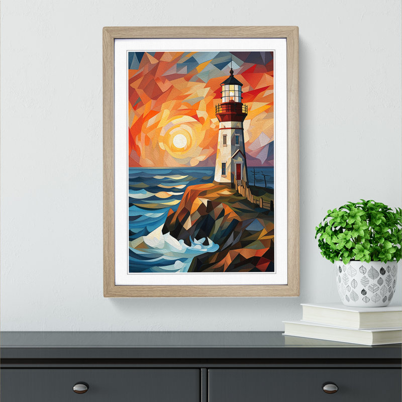 Lighthouse Cubism No.2 - Single Picture Frame Print on Wood, 64cm H x 46cm W x 2cm D, Oak