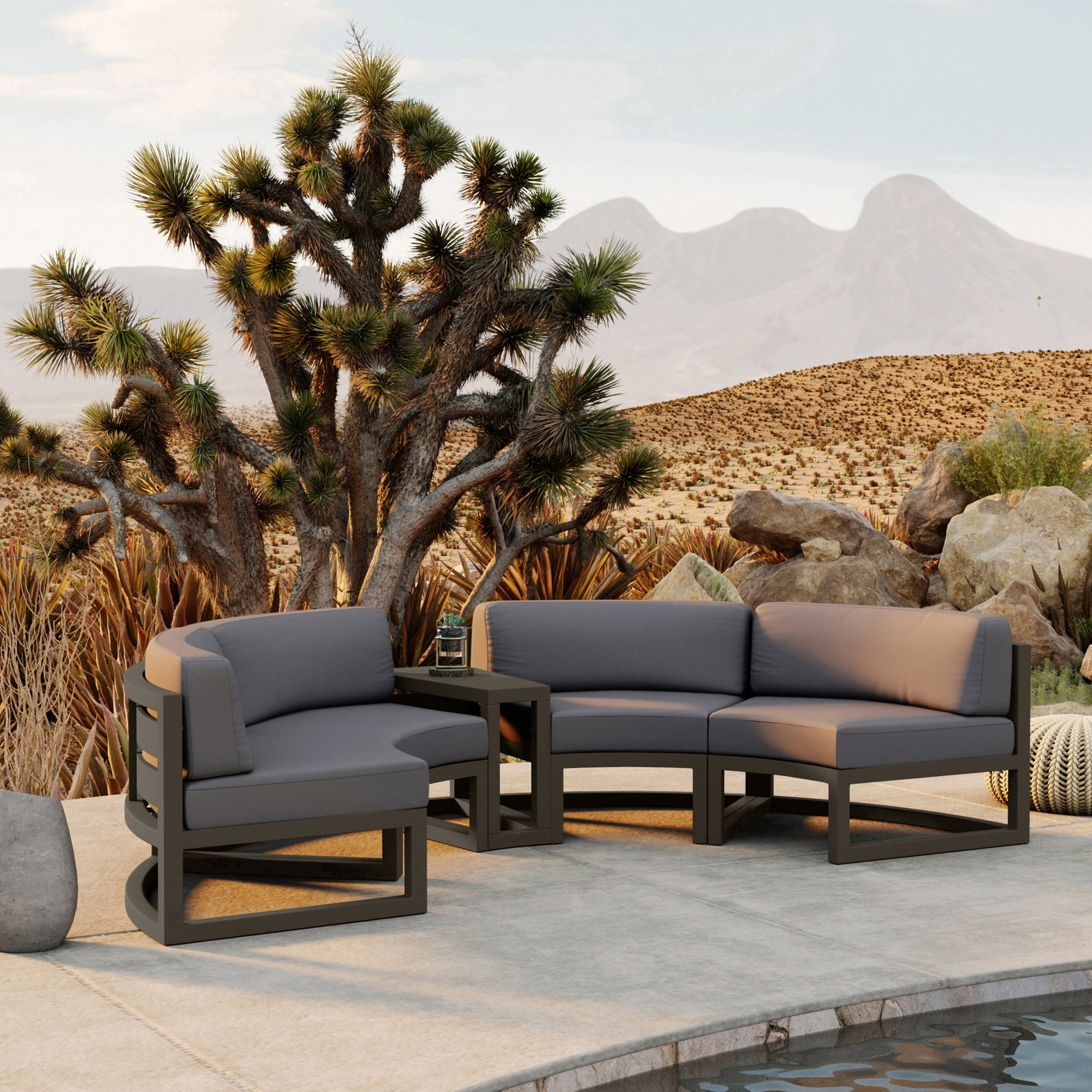 Bergeron Outdoor Curved Patio Sectional with Sunbrella Cushions, Slate, Canvas Charcoal Sunbrella® Canvas