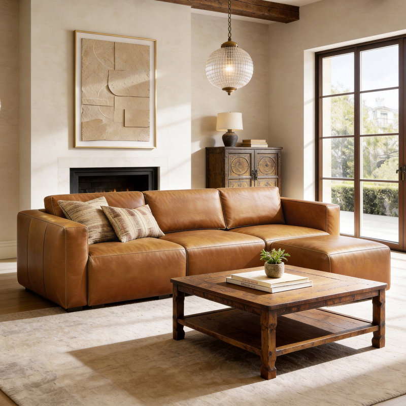 Torkom 90.74'' W 3-seater Modern Modular Full Grain Leather Sofa And Ottoman Set, Brown