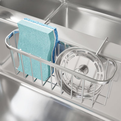 Adjustable Kitchen Sink Caddy Organizer - Rustproof Waterproof Hanging Sponge Holder For Double Bowl Sinks With Middle Divider Under 1.5 Inches