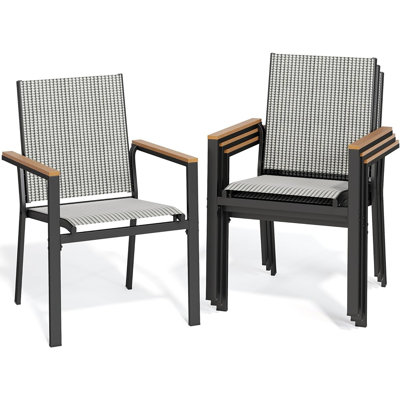 Ensemble de 4 chaises de patio empilables, chaise de salle à manger d'extérieur en mélange de textilène respirant et oléfine avec accoudoirs en plastique et bois noir et blanc