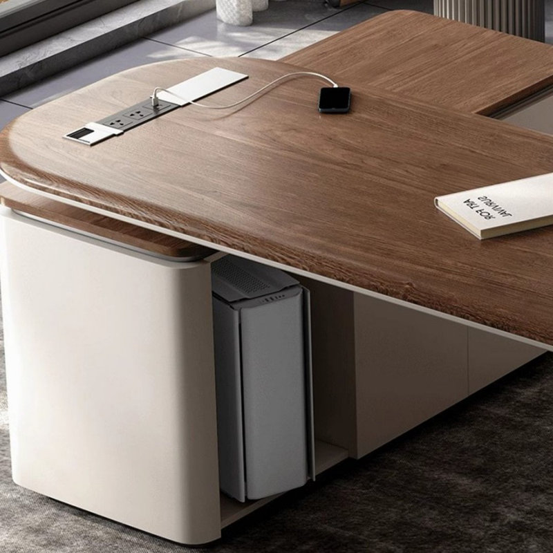 Nut-brown+Griege L-Shaped Manufactured Wood+Stainless Steel with 3 drawers desk, 29.53" H x 78.74" W x 59.06" D
