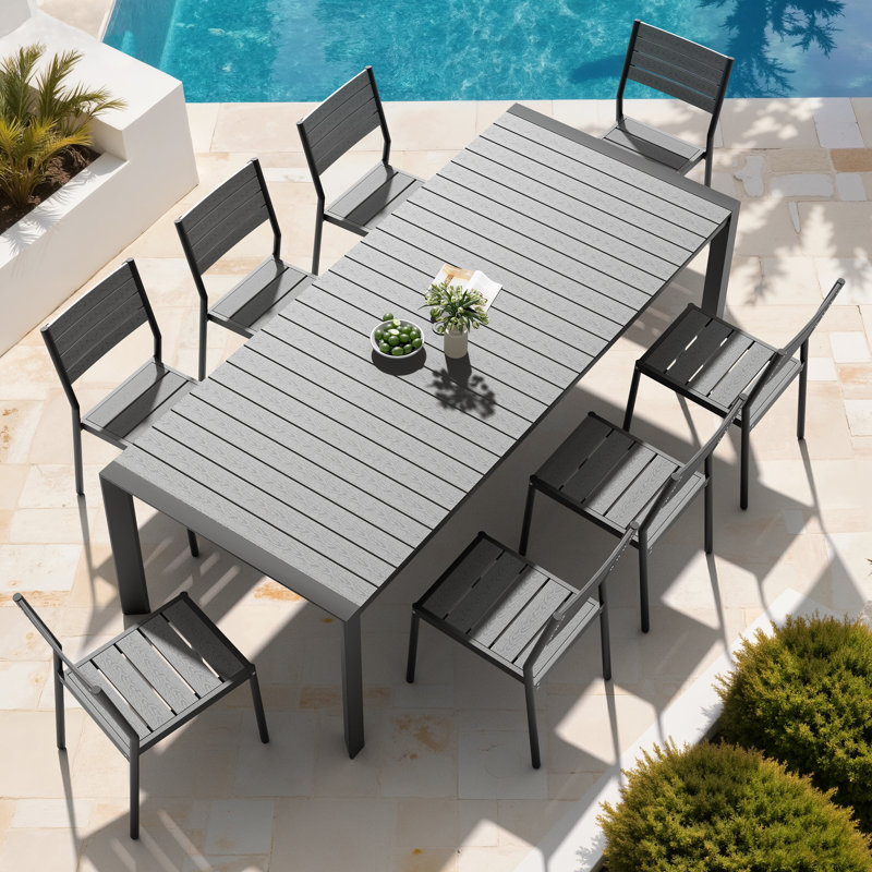 8 - Person 95'' W X 40'' D Aluminum Patio Dining Set With Umbrella Hole(2 Size) And Stackable Chairs, Gray