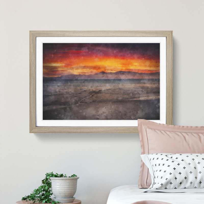 Spanish Beach at Sunset - Picture Frame Painting Print, 24cm H x 33cm W x 2cm D, Oak Framed