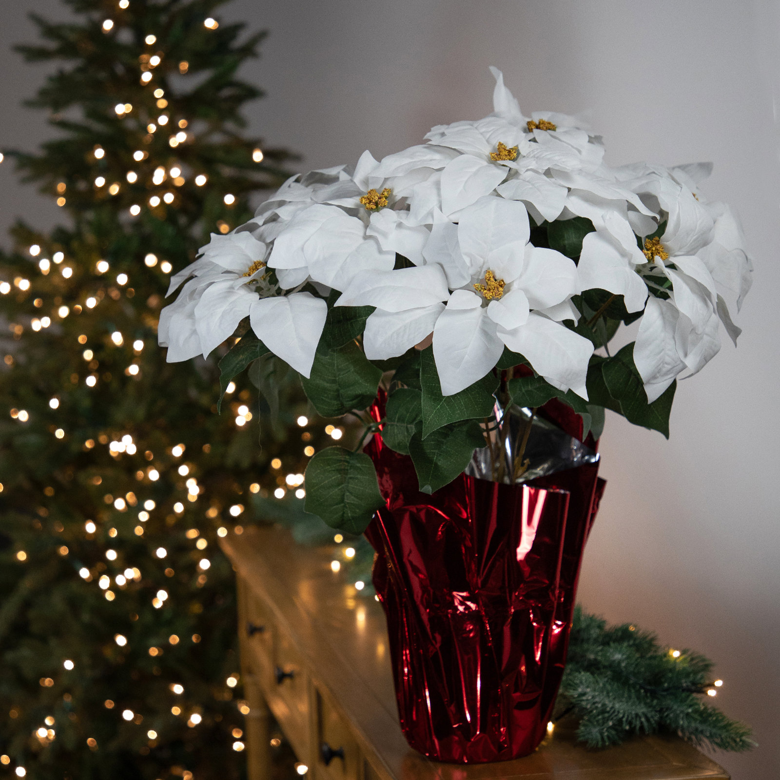 Poinsettia Floral Arrangement, 22" H x 18" W x 18" D, White, Red