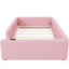 Lit simple tapissier rose avec garde-corps et station de charge - Conception élégante, plateforme fonctionnelle en bois pleine longueur