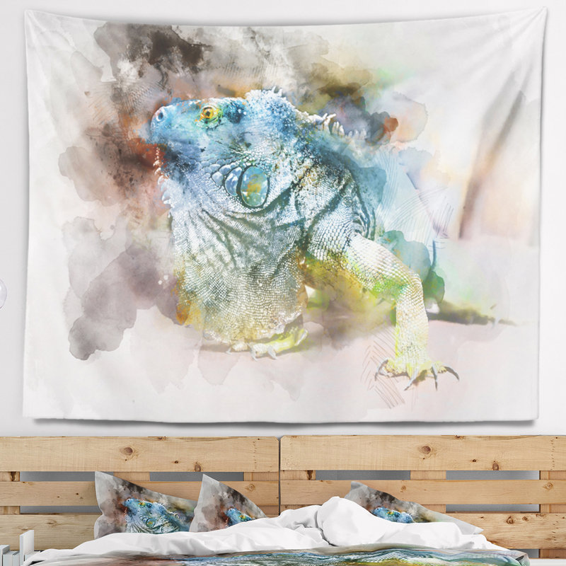 Iguane abstrait, gros plan, peinture sur tapisserie, H 32 po x l 39 po