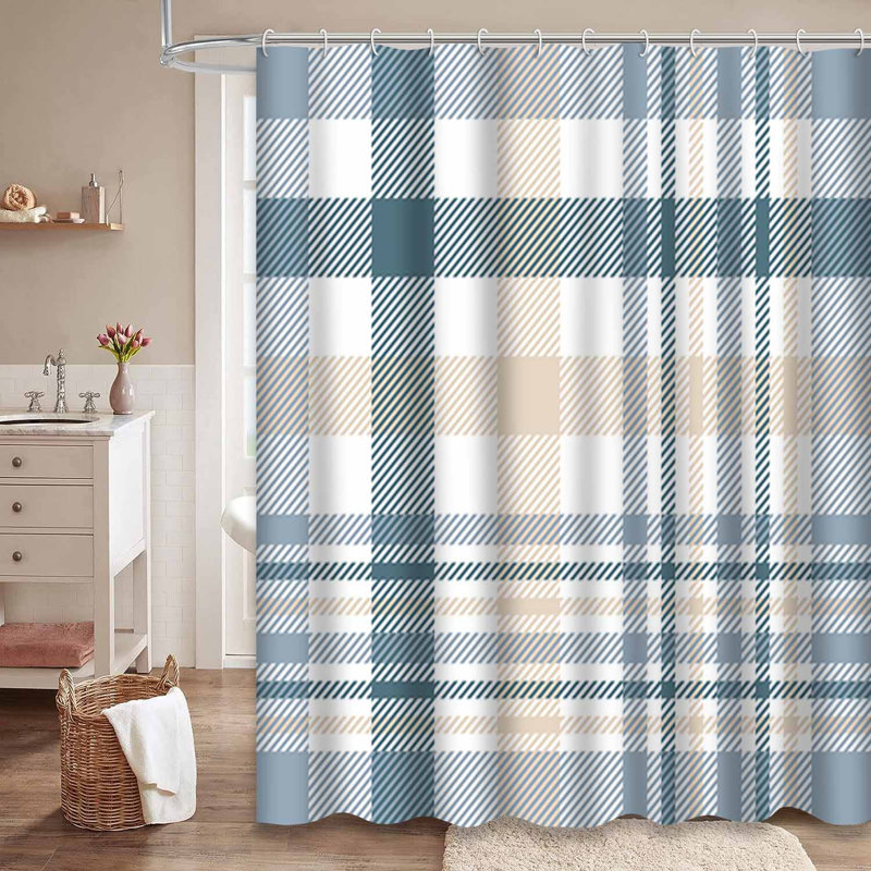 Rideau de douche à carreaux beige, blanc et vert sarcelle avec 12 crochets, L 72 po x l 78 po