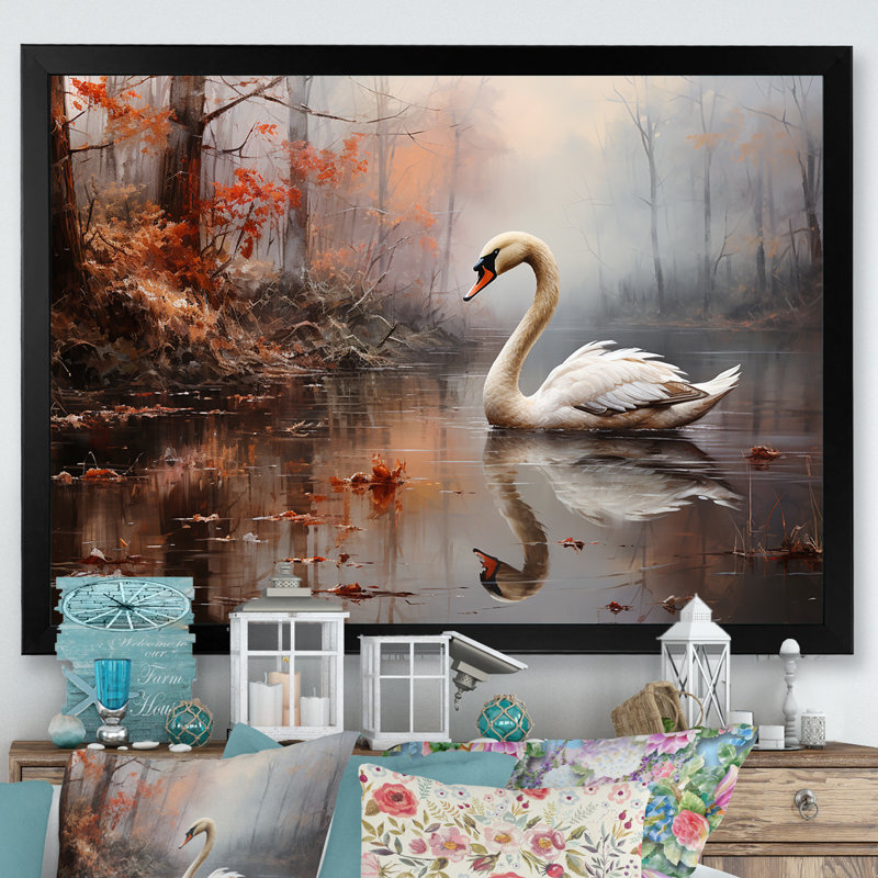 Cygne dans la brume sur toile, Cadre photo noir, H 12 po x l 20 po x P 1 po