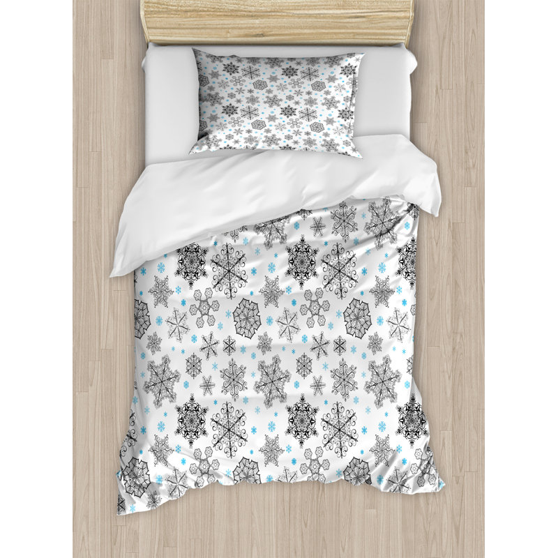 Twin Blue and White Snowflake Microfiber Duvet Cover Set