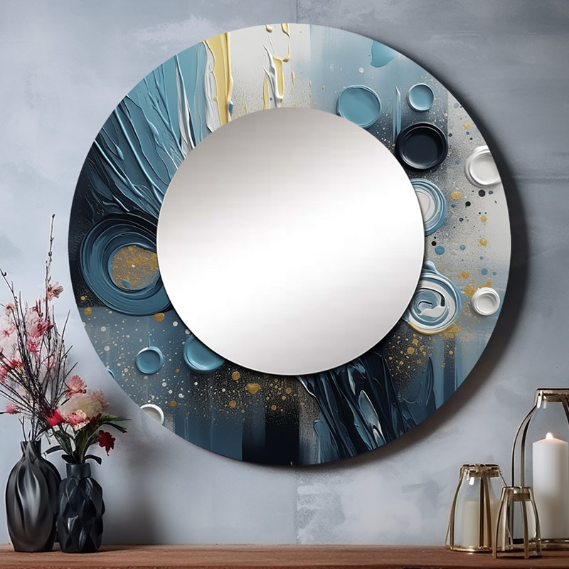 Piecara Blue And White Ethereal Abstractions - Abstract Painting Unique Wall Mirror, Modern Round Mirror, Printed Metal Art