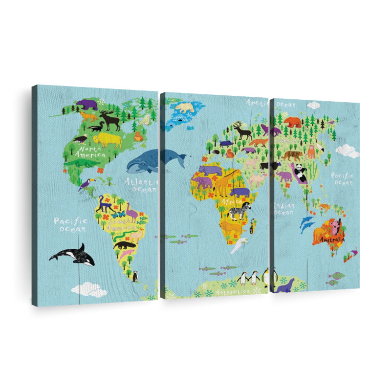 Carte du monde domestique, ensemble de 3 pièces sur toile par SweetTeachings, H 42 po x l 65 po x P 1,25 po