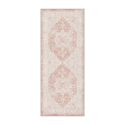 Machine Washable Oriental Ivory / Pink Hallway Runner With Non-Slip Backing