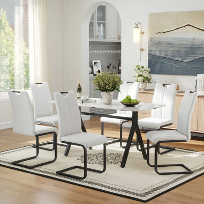 51.2" Modern Faux Marble Glass Dining Table Set with PU Leather Chairs for Dining Room, Living Room, Restaurant, Space-Saving