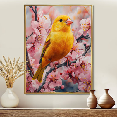 Golden Finch Among The Pink Blossoms Tree IV - Bird Canvas Print