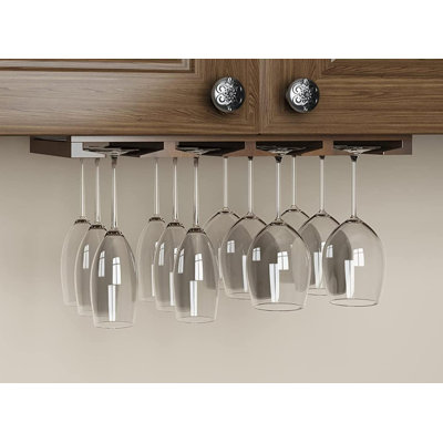 4 Sectional Wood Under Cabinet Wine Glass Holder Wine Glass Rack Hanging Shelf Stemware Bar Organizer - 12 Wine Glass Storage - 10 Inch Deep - Chestnu