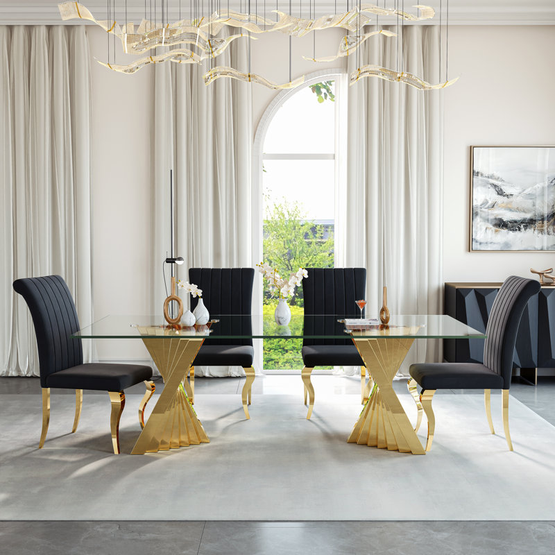 Rectangular Glass Dining Table Set For 6 People, Sleek Modern Design With Sculptural Metal Base, 94.49'' L X 47.24'' W
