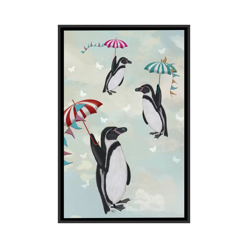 «Floating Penguins II», impression sur toile tendue, H 26 po x l 18 po x P 1,5 po, Toile avec cadre noir, Pas de tapis