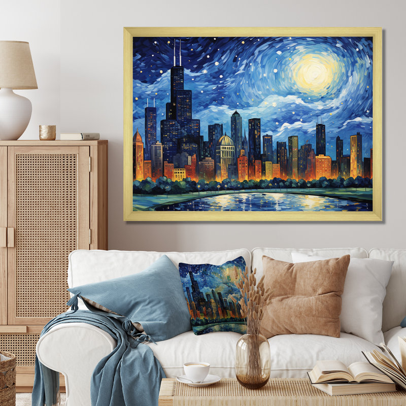 «Chicago The Starry Night», art mural sur toile Chicago, 30" H x 40" W, Black Picture Framed