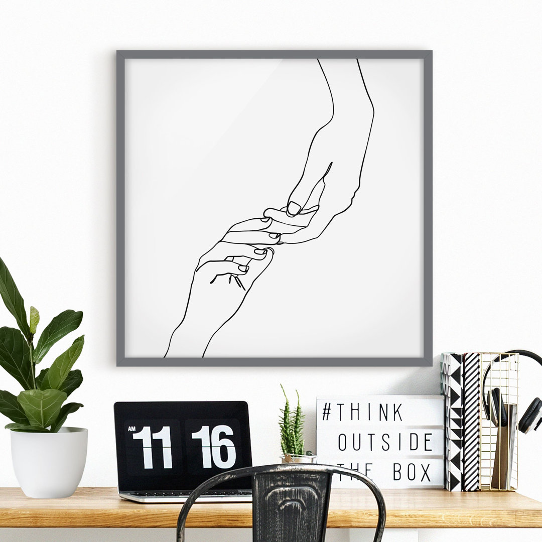 Gerahmter Kunstdruck Line Art Hands Touch Black White