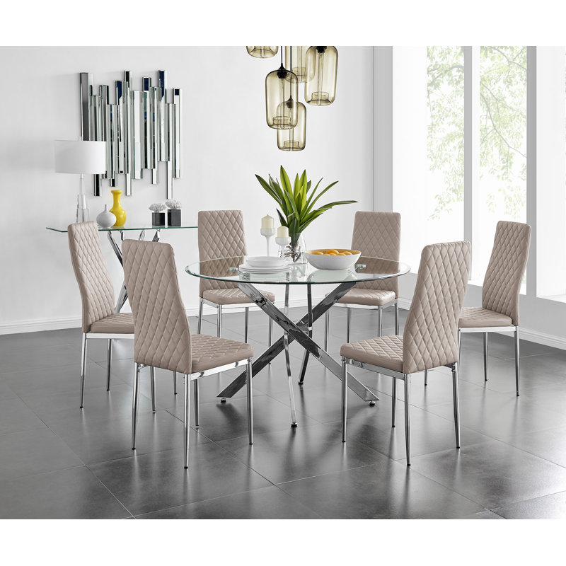 Metal and Glass Round Dining Table Set with Faux Leather Upholstered Dining Chairs, Cappuccino/Silver, 6