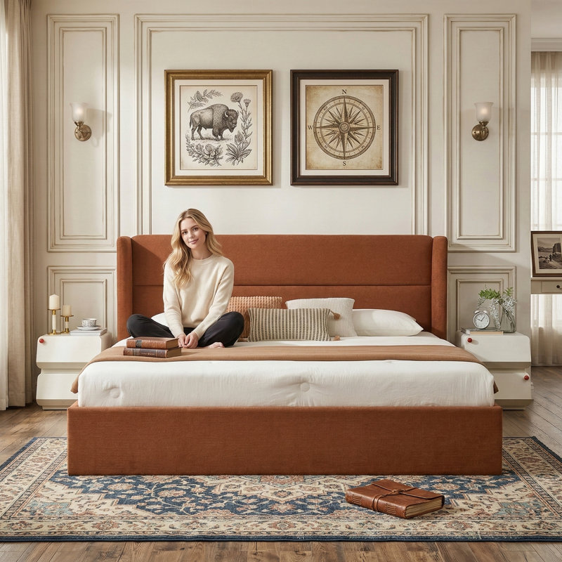 Lit plateforme tapissier avec rangement Gaillarde, Très grand, Caramel
