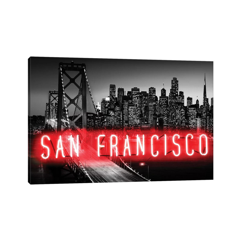 Neon San Francisco Red On Black by Hailey Carr - Wrapped Canvas Print, 66.04 cm H x 45.72 cm W x 3.175 cm D
