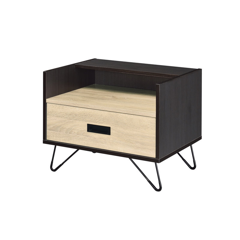Oak And Black Nightstand With Metal Drawer Slide, 1 For Bedroom In Black, Organization Space Optimization