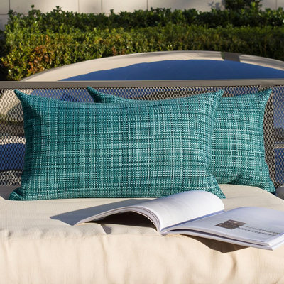Green Set Of 2 Waterproof Textured Woven Throw Pillow covers AND inserts– Outdoor & Indoor Rectangle  12"x20"