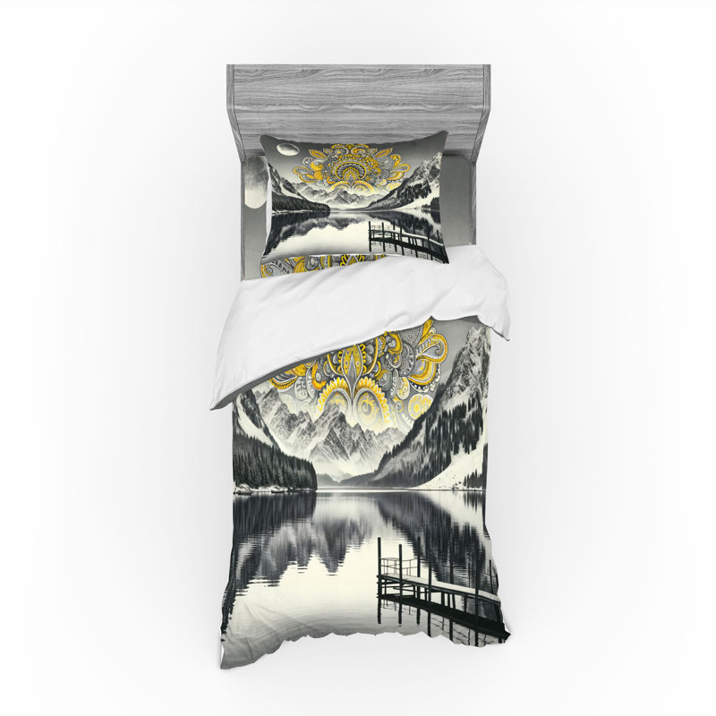 Ensemble de literie Ambesonne Lake - jaune et gris, Housse de couette simple très longue + 2 pièces