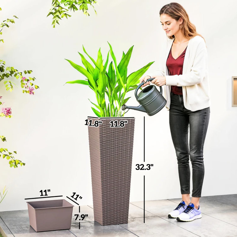 Boîte à fleurs de 2 jardinières de style moderne, 32 pouces de hauteur, capacité de 4 gallons, drainage efficace, poids léger, empilable, pots bruns, hauteur, sans assemblage