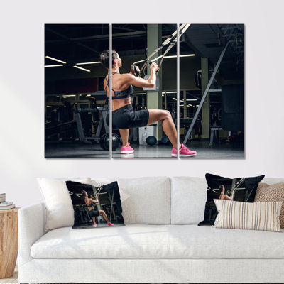Athletic Woman Workingout With Suspension Strips - Aerobic & Bodybuilding Canvas Wall Art Set