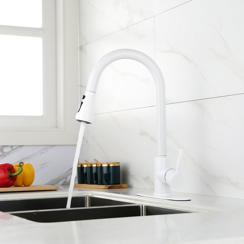 White Stainless Steel Kitchen Faucet, Pull-Out Spray For Practical Operations, 360 Rotatable Nozzle, Two Water Output Settings, Easy Single Operation Modern Faucet With Steel, Pull Out Functionality