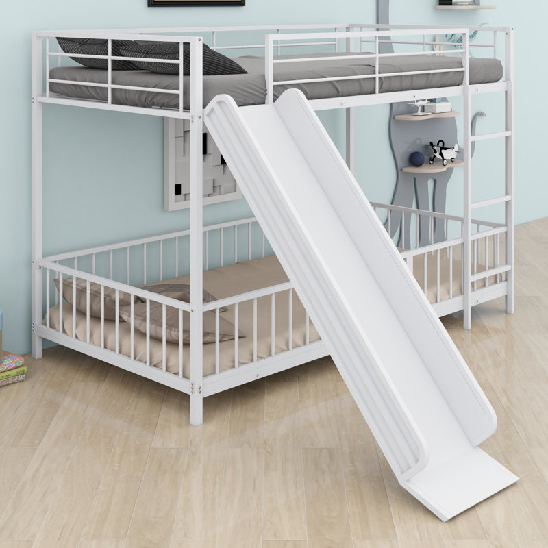 Metal Bunk Bed With Slide And Guardrails,, Twin Over Twin, White