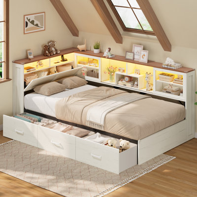 Lit de jour en bois avec tête de lit de rangement, porte rabattable et tiroirs
