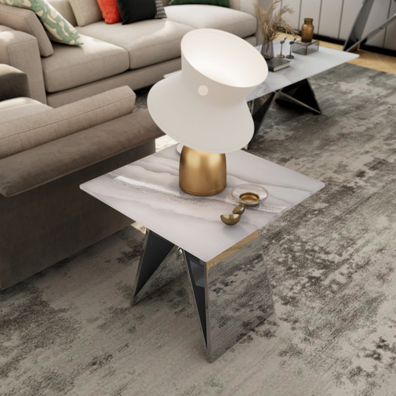 Ensemble de 2 tables de bout en verre trempé blanc 24 po avec base en forme de M argenté