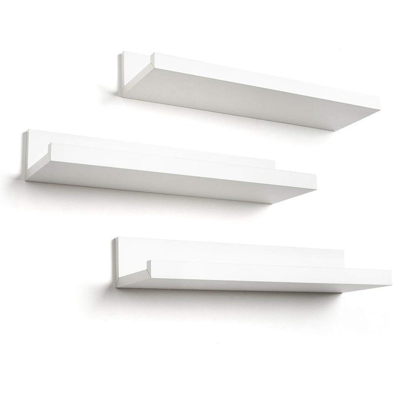 14 Inch Floating Shelves Set Of 3 In White Composite Wood - Wall Mounted Storage Shelves For Bedroom, Living Room, Bathroom, Kitchen, Office And More