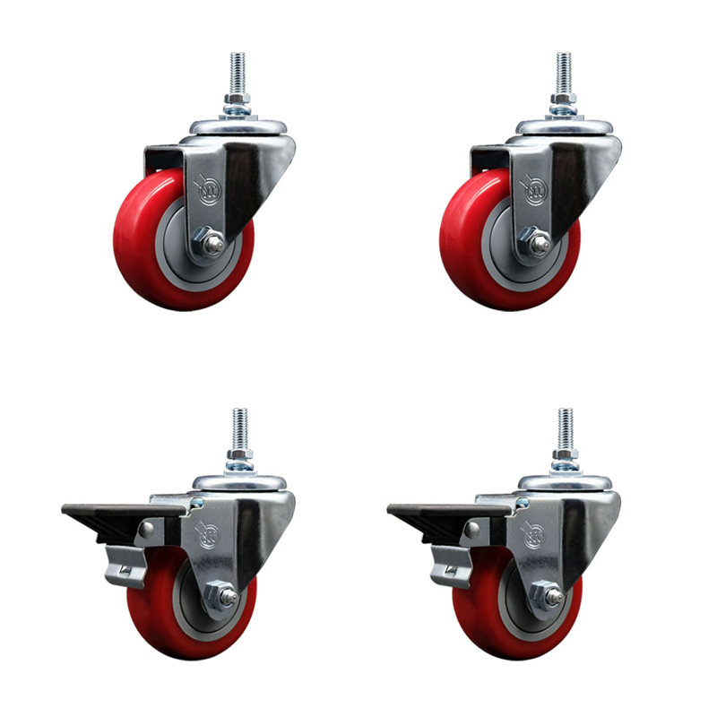 Ensemble de roulettes à tige filetée 3 pouces en polyuréthane 12 mm 2 freins SCC, Rouge