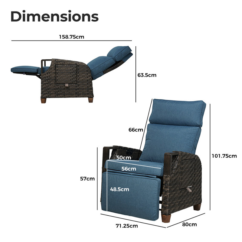 Garden Air Pump Lounge Chair with Cushion, Independent Back & Footrest Adjustment, Dark Brown, Blue