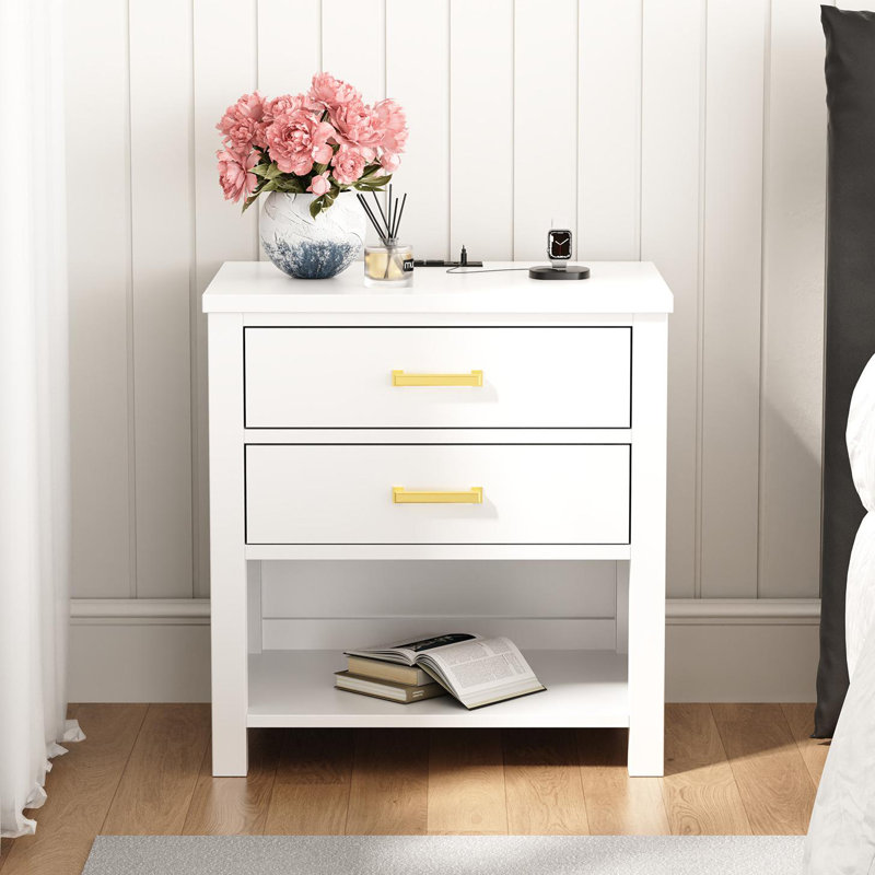 2 Drawers Solid Wood Construction Nightstand With Storage, Open Shelf, 2 Power Outlets, 1 Usb Port, And 1 Type C Port, White