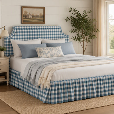 Upholstered Bed with USB Charge Station,Gingham Plaid Upholstered Bed Frame with Camelback Headboard and Ruffled Bed Skirt