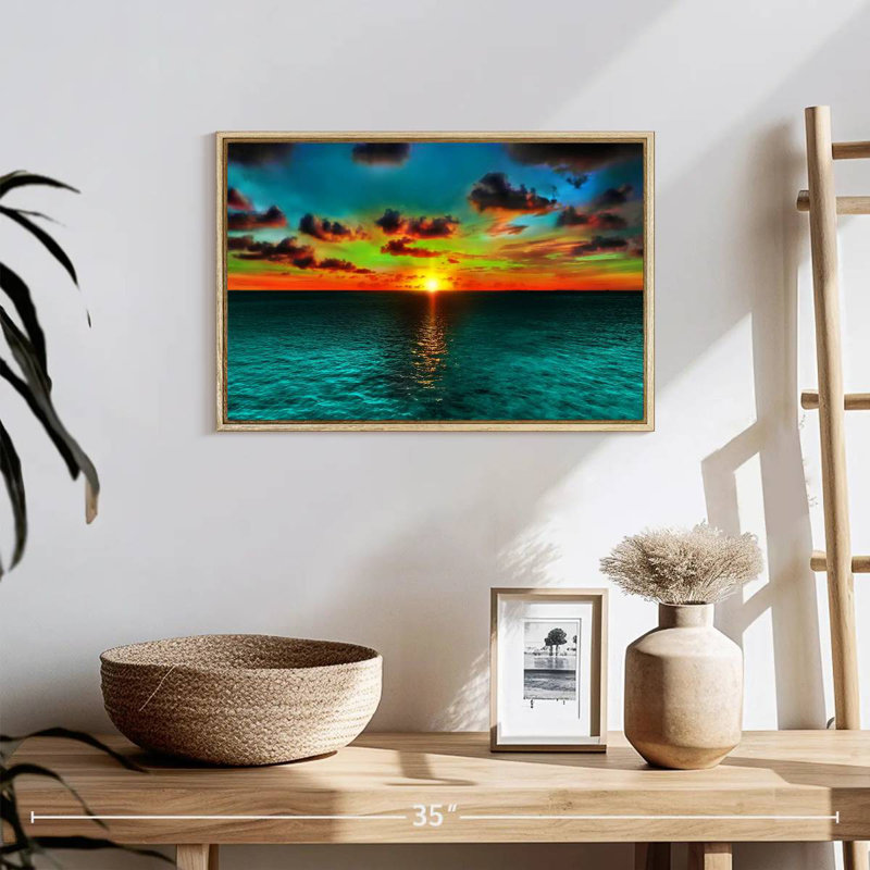 Coucher de soleil et océan, Cadre flottant en bois naturel, 19 po x 13 po